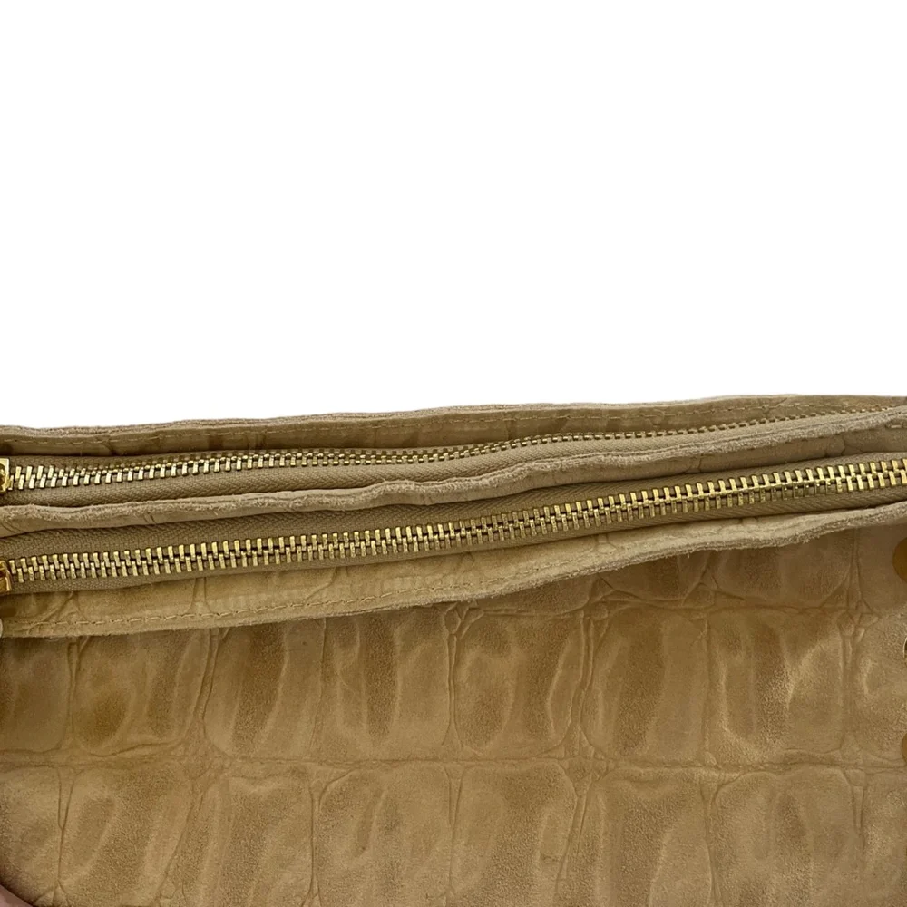 Linea Pelle Designer Clutch Tan Suede Leather Animal Print Gold Studs Lined